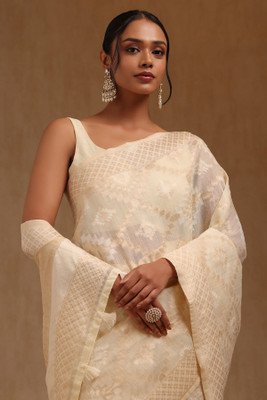 soch Woven Saree with Attached Blouse Linen Saree(Cream)