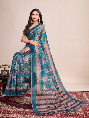 LEOSAGI Printed, Floral Print, Geometric Print Bollywood Cotton Blend Saree(Light Blue)