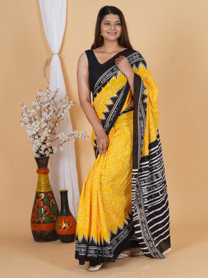 HIYAMI Printed Bollywood Pure Cotton Saree(Yellow)