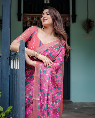 ALMAARI FASHION Floral Print Handloom Cotton Linen Saree(Multicolor)