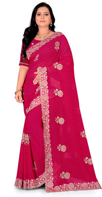 CELVIRA Embroidered Chanderi Georgette Saree(Pink)