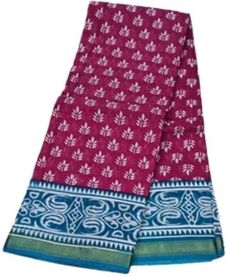 mulmul Printed, Blocked Printed Chanderi Pure Cotton Saree(Pink, Light Blue, White)