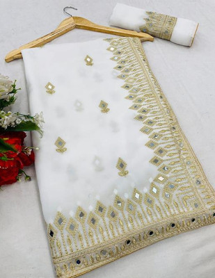 Tejanient Embroidered Bollywood Georgette Saree(White)