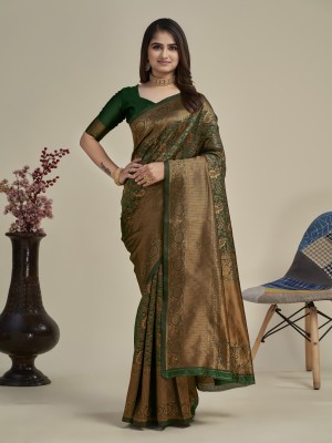 SwenyFashion Woven Kanjivaram Cotton Silk Saree(Green)