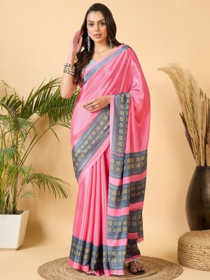 Vichitra Printed, Temple Border Daily Wear Crepe, Silk Blend Saree(Pink)