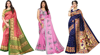 Nirvaan Printed Kasavu Art Silk Saree(Pack of 3, Pink, Dark Blue)