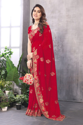KB DESIGNER Embroidered, Floral Print, Embellished Bollywood Georgette Saree(Red)
