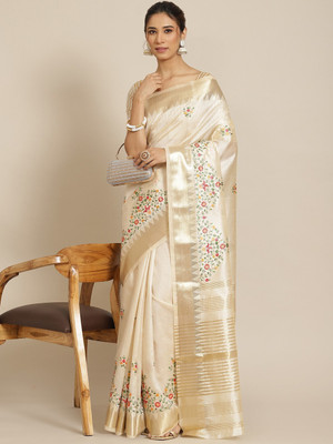 Divastri Embroidered Assam Silk Cotton Silk Saree(Cream)