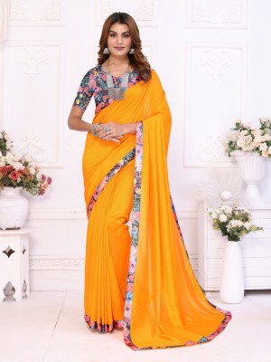 KAZIA Solid/Plain Daily Wear Satin Saree(Yellow)