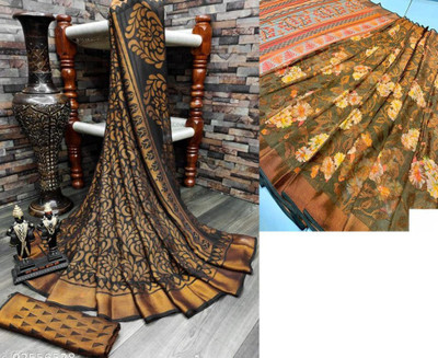 Sita Floral Print Daily Wear Brasso Saree(Pack of 2, Green, Black)