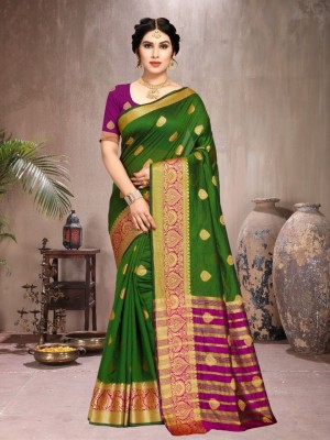 Manokamna Woven Banarasi Dupion Silk Saree(Dark Green)