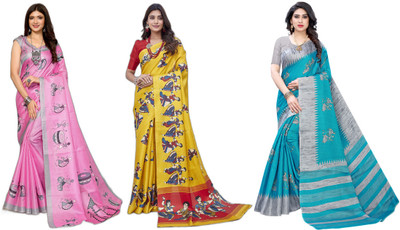Nirvaan Woven Kanjivaram Art Silk Saree(Pack of 3, Pink, Yellow, Grey, Blue)