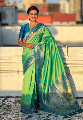 SICHYAH Woven, Self Design Paithani Pure Silk Saree(Light Green)