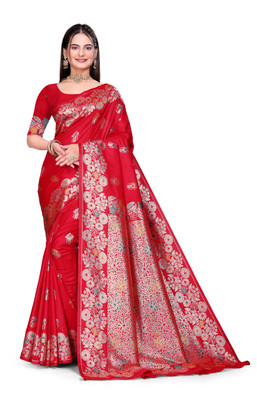 GHODTEXTILE Woven, Self Design, Floral Print, Temple Border Banarasi Pure Silk Saree(Red)