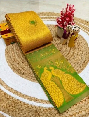 Pionex Woven Kanjivaram Art Silk, Jacquard Saree(Yellow)