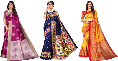 YASHIKA Woven Kasavu Art Silk Saree(Pack of 3, Purple, Dark Blue, Yellow)