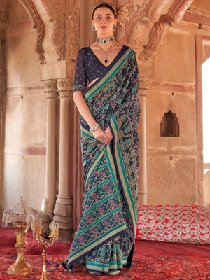 ANOUK Printed Patola Silk Blend Saree(Dark Blue)
