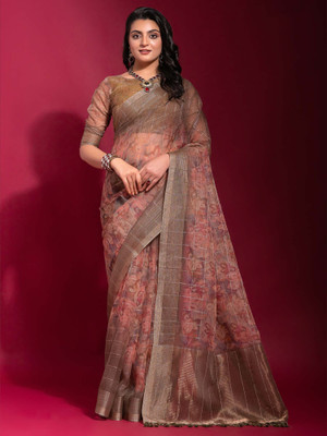 Tasrika Embellished Bollywood Linen Saree(Orange, Pink)