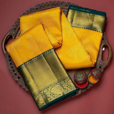 VISVASTA Embellished, Applique Kanjivaram Art Silk, Cotton Blend Saree(Yellow)