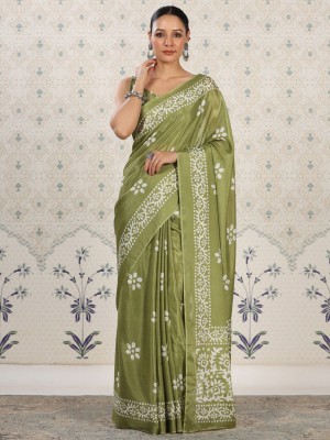 Ode by House of Pataudi Printed Daily Wear Chiffon Saree(Green)