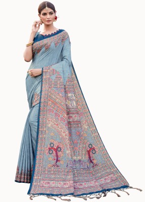 BAPS Printed Manipuri Cotton Linen Saree(Light Blue, Grey)