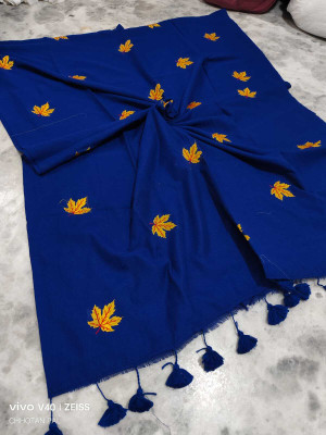 PARTHA BISWAS Color Block Handloom Cotton Blend Saree(Blue)