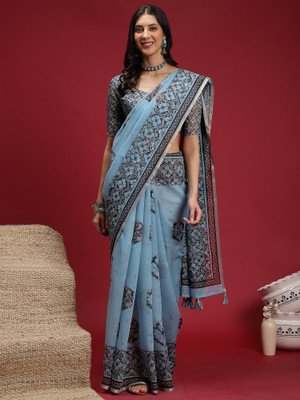 Sareemall Digital Print Hand Batik Cotton Linen Saree(Light Blue)