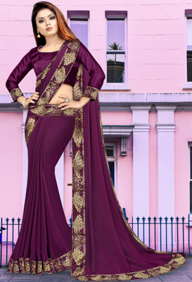 Anugrah Textile Solid/Plain Banarasi Lycra Blend, Chiffon Saree(Purple)