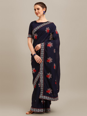 SERONA FABRICS Embroidered, Solid/Plain Bollywood Silk Blend Saree(Dark Blue)