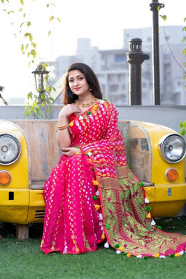 RUPANJALI Printed Jamdani Pure Cotton Saree(Pink)