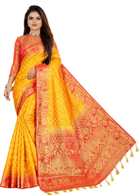 DHRUVIL TEXTILES Woven Banarasi Cotton Silk Saree(Maroon, Yellow)