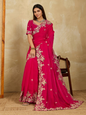 sareya veela Embroidered, Floral Print, Embellished Bollywood Chiffon Saree(Pink)
