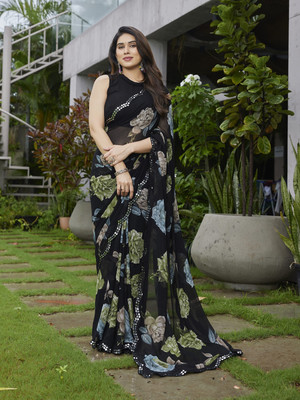AMBUJAINTERNATIONAL Floral Print Bollywood Georgette Saree(Green, Grey, Blue)