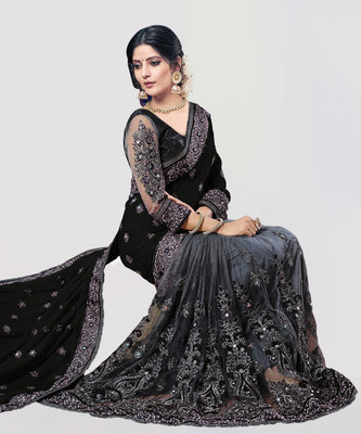 b bella creation Embellished Bollywood Net Saree(Black, Grey)