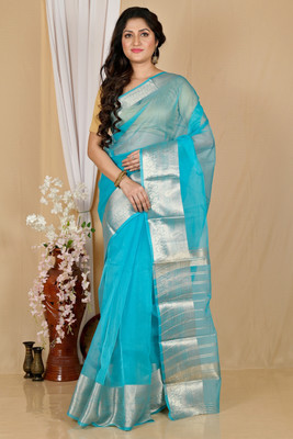 DipDiya Embellished, Solid/Plain, Woven Handloom Cotton Blend Saree(Light Blue)