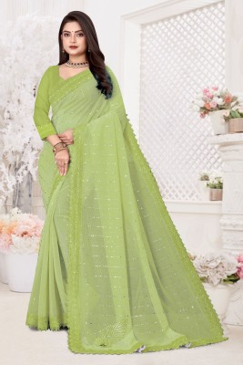 HIJA TRENDZ Embroidered Bollywood Lycra Blend Saree(Green)