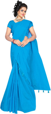AXKOMIYA Solid/Plain Mekhela Chador Silk Blend Saree(Blue)