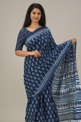 Neha Printed Handloom Pure Cotton Saree(Dark Blue)