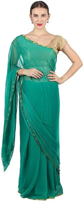 HouseOfCommon Solid/Plain Bollywood Velvet, Chiffon Saree(Green)