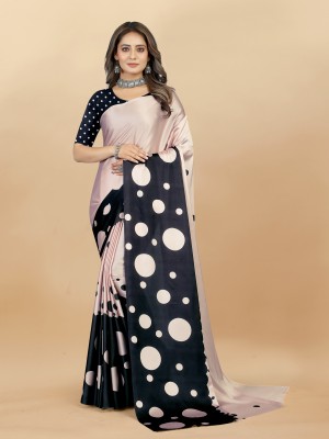 DRAVYA WOMEN Printed Bollywood Satin, Silk Blend Saree(Beige, Black)