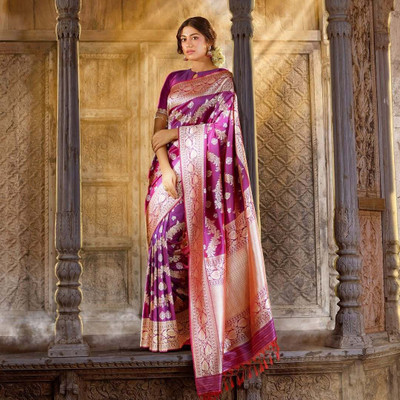 VERAFASHION Printed Handloom Cotton Silk Saree(Purple)