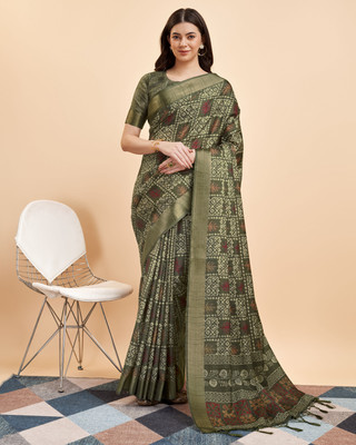 Divastri Digital Print Handloom Silk Blend Saree(Green)
