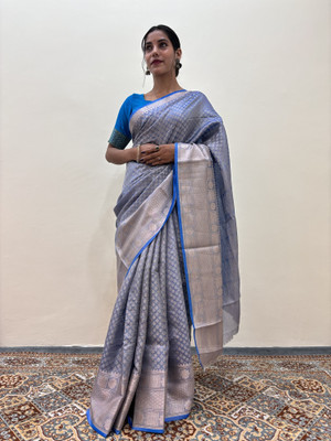 Rungkaat Self Design Banarasi Tissue Saree(Light Blue)