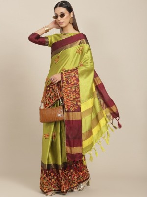 Divastri Self Design, Printed, Embroidered, Woven Banarasi Jacquard, Cotton Silk Saree(Maroon, Light Green)