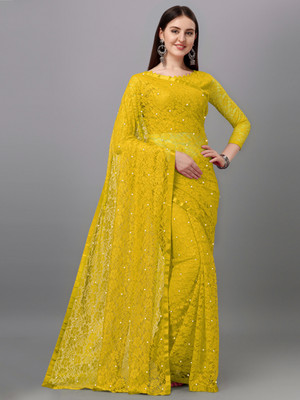 LOROFY Embellished Lucknow Chikankari Net, Lycra Blend Saree(Yellow)