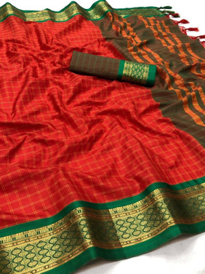 Bombey Velvat Fab Woven KHASI DHARA CONTRAST Pure Silk, Cotton Silk Saree(Red, Green, Gold)