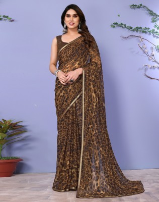 SIRIL Geometric Print, Printed, Embellished Daily Wear Chiffon Saree(Brown, Black)