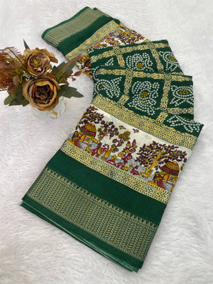 Apnisha Printed Bandhani Silk Blend Saree(Green)