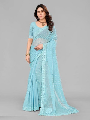 OM FAB Self Design Banarasi Lycra Blend Saree(Blue)