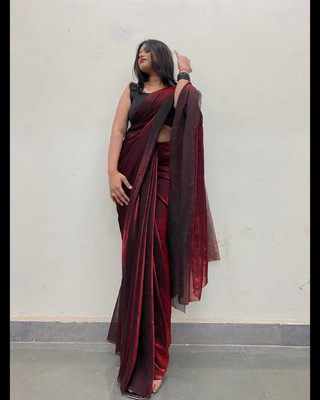HouseOfCommon Solid/Plain Bollywood Lycra Blend Saree(Maroon)